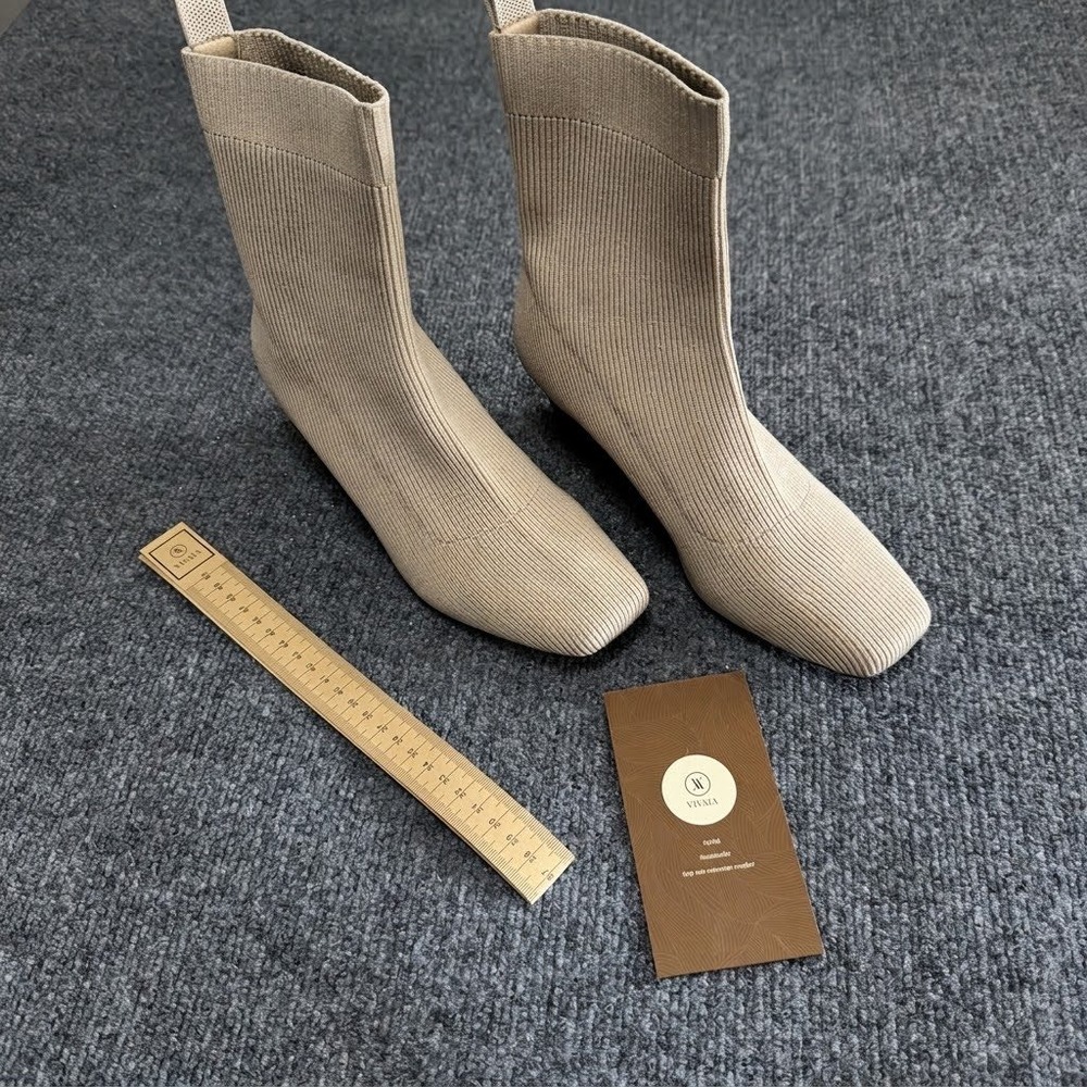 Vivaia Beige Ribbed Knit Square Toe Wedge Ankle Boots Size 37.5 US 7